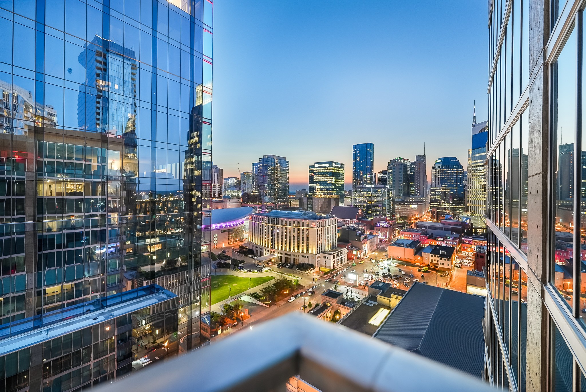 a city view with tall buildings