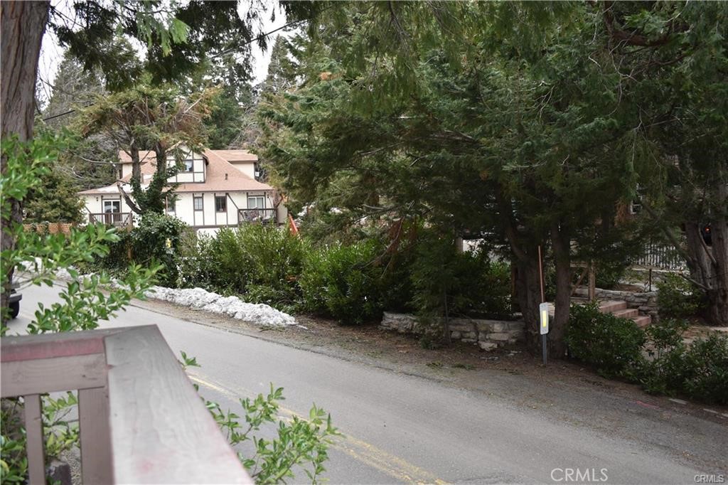 a view of a street with potted plants and large trees