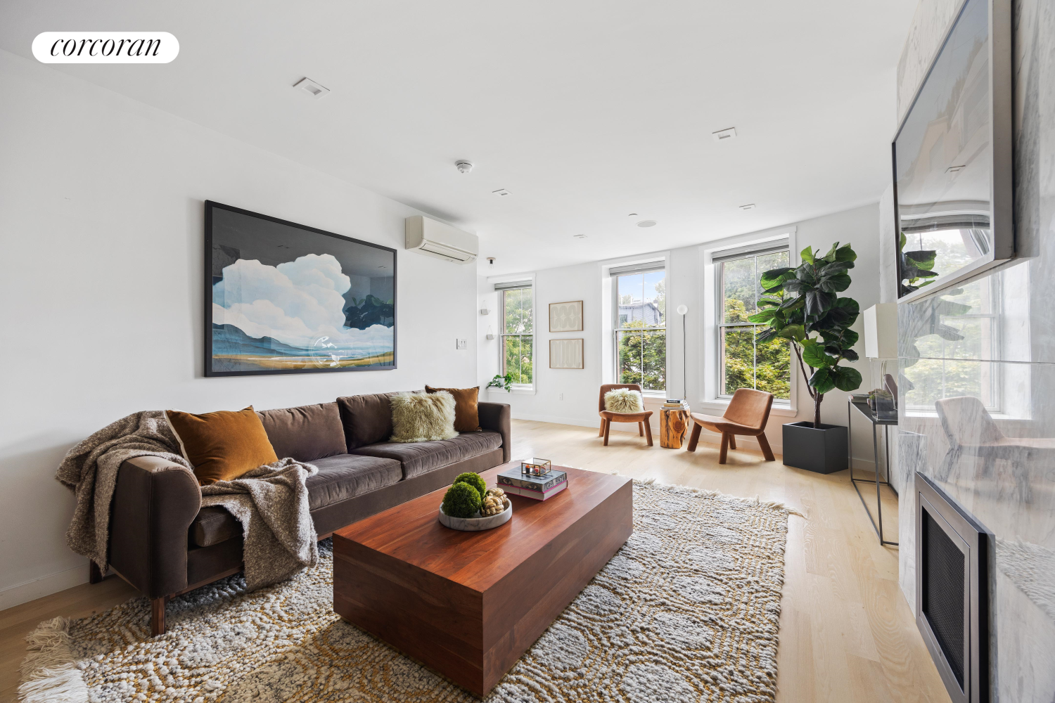 a living room with furniture ceiling fan and a rug