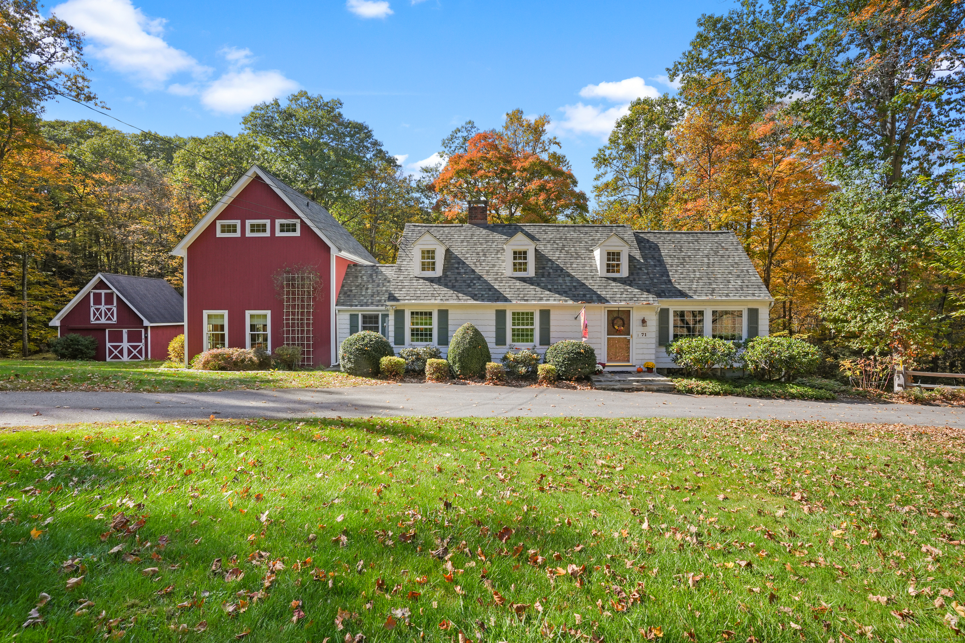 a front view of house with yard and green space