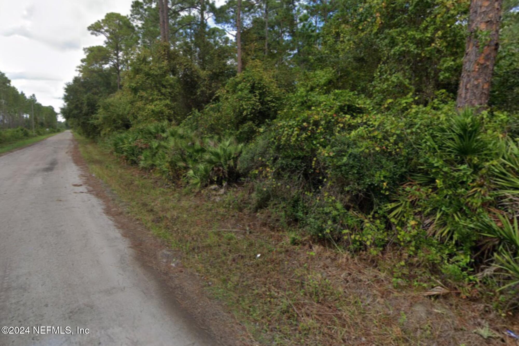 a view of a dirt road with trees