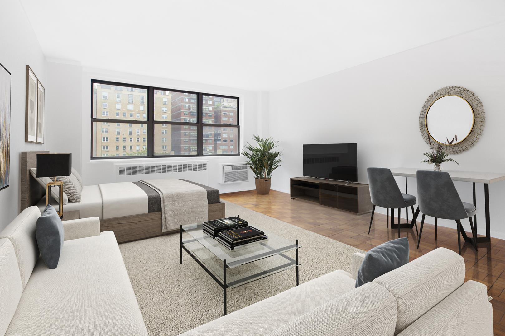 a living room with furniture a large window and a flat screen tv