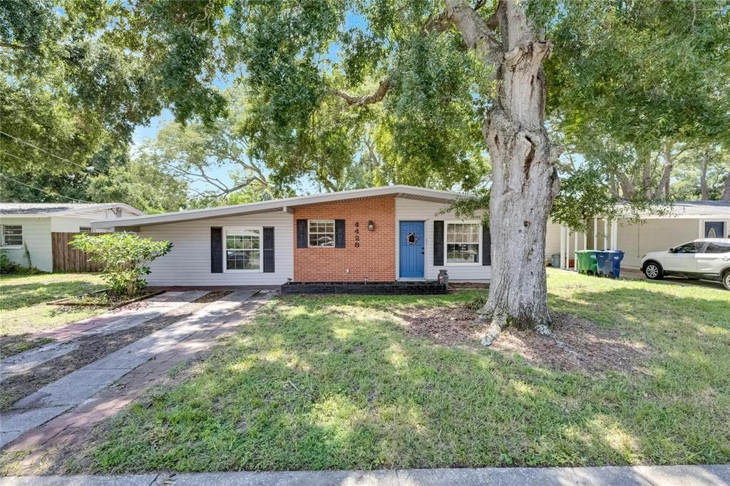 a view of a yard with a house and a tree