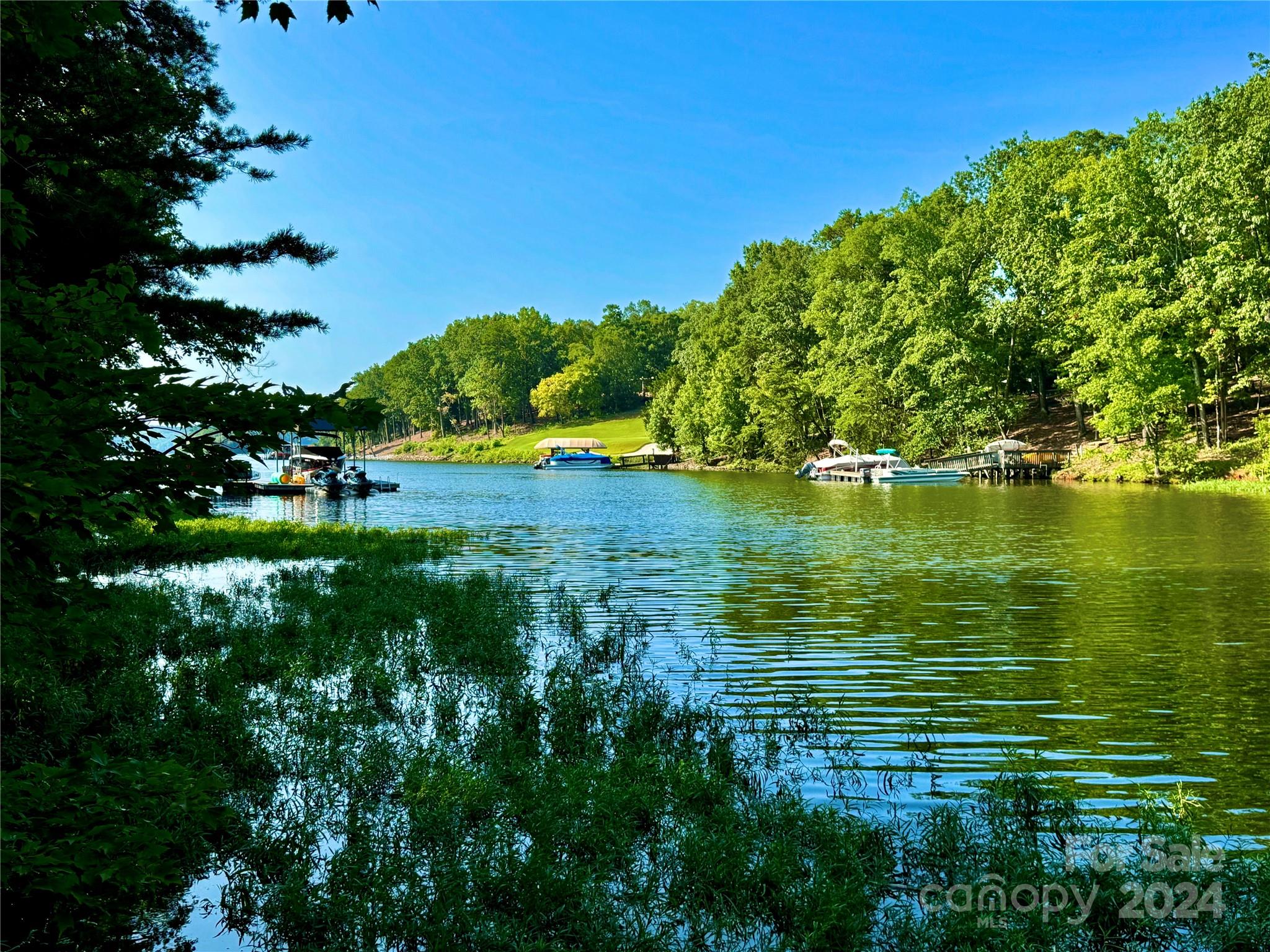 a view of a lake with a big yard