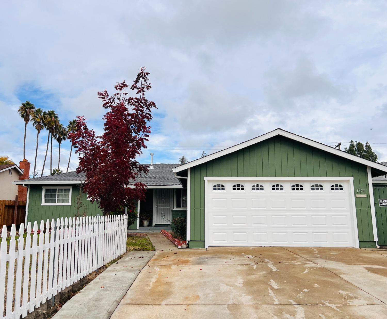 a view of a house with a small yard and a large tree