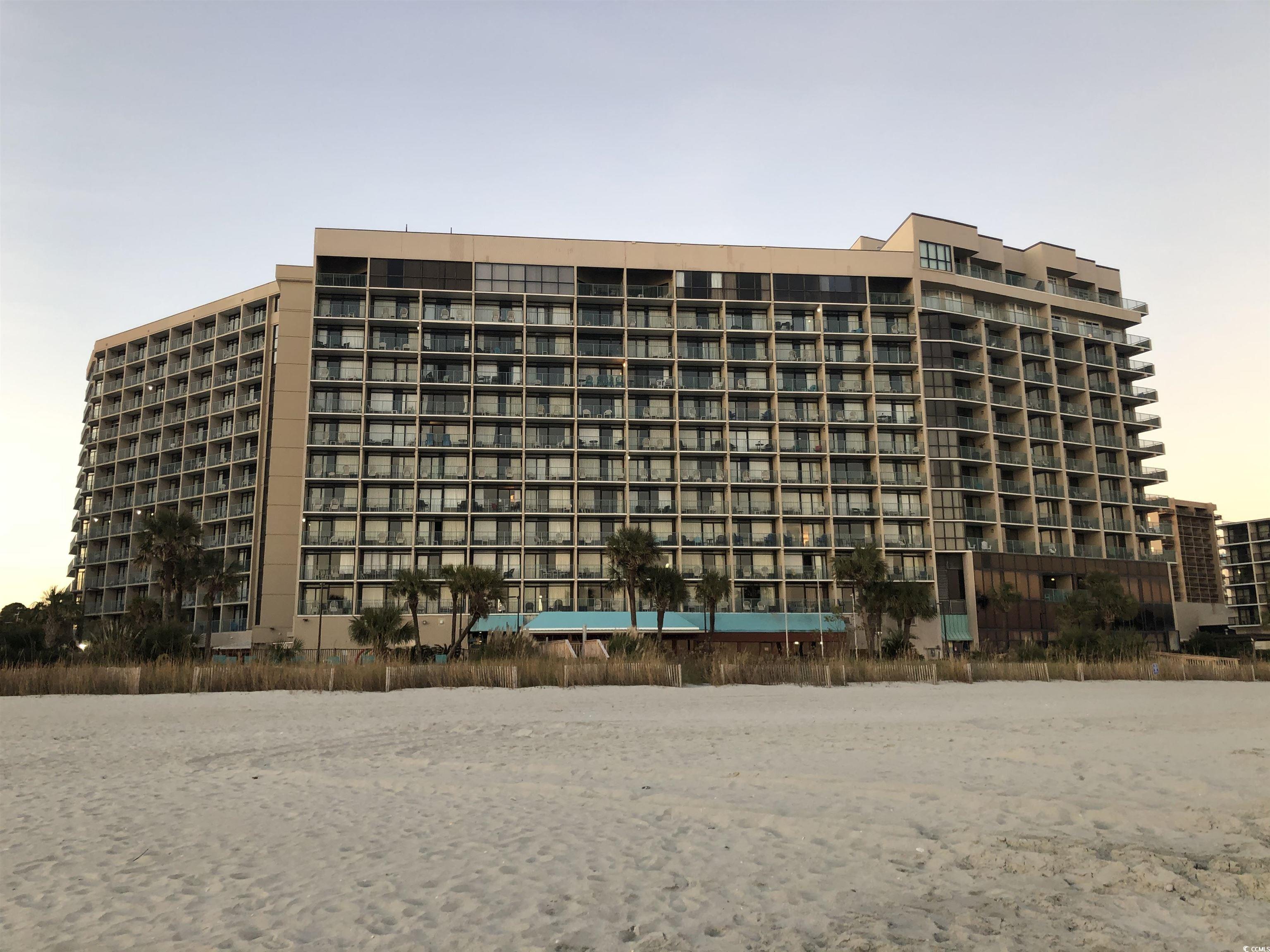 View of outdoor building at dusk