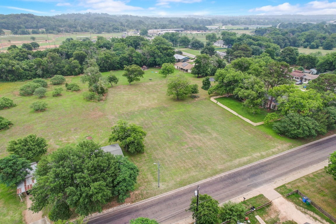 an aerial view of green landscape with trees houses and mountain view