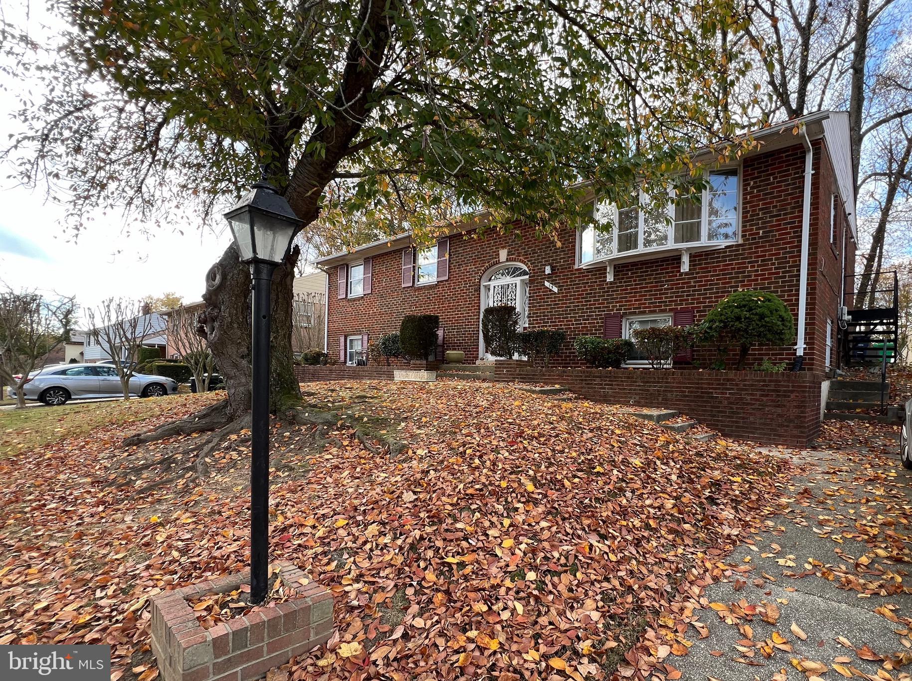 a front view of a house with a yard covered with trees