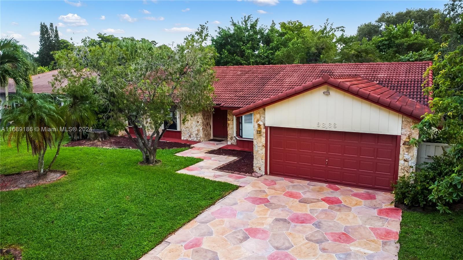 a backyard of a house with plants and large tree