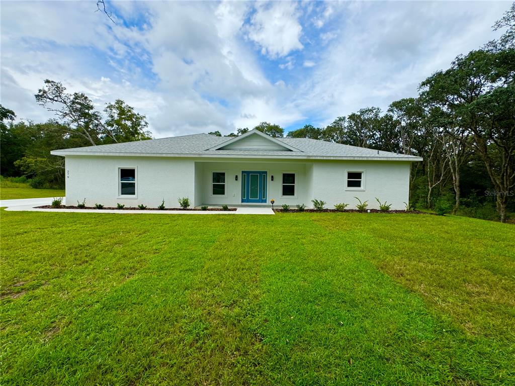 a front view of house with yard and green space