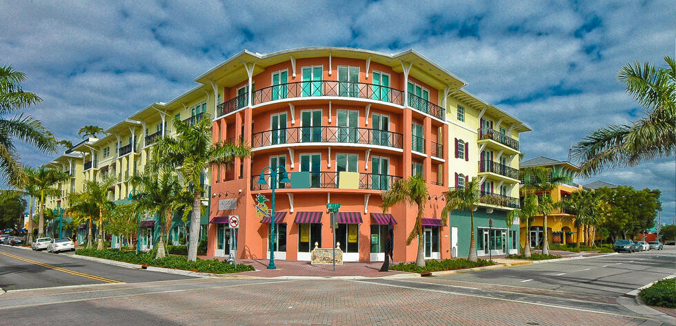 a view of a building with a street