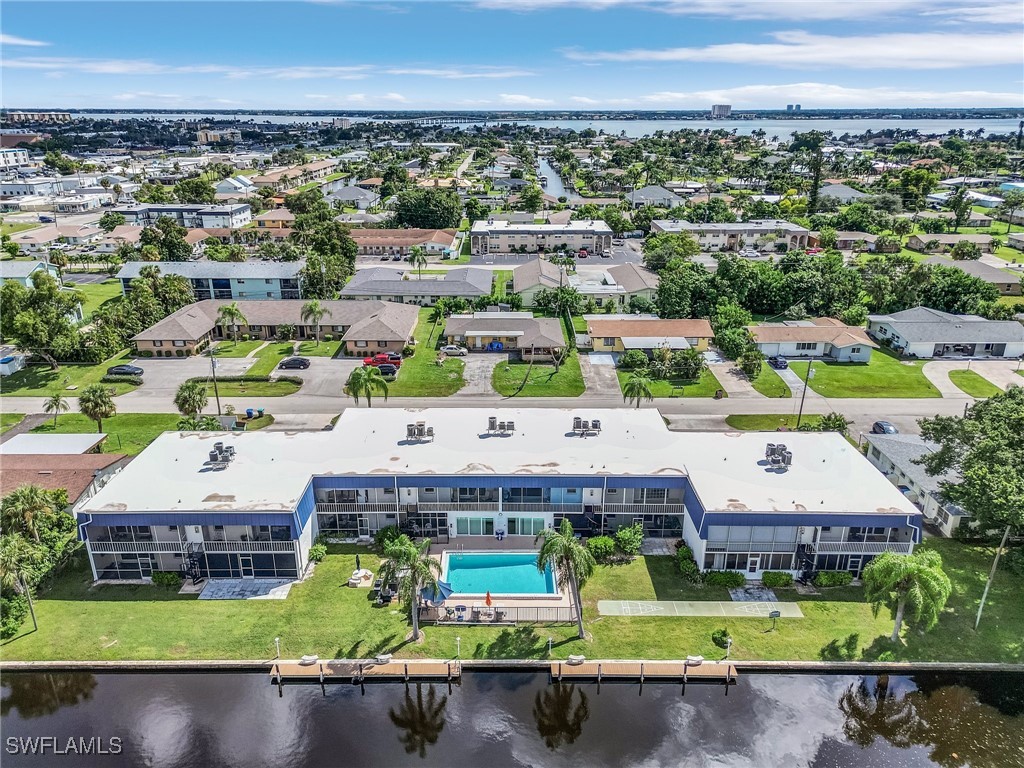 an aerial view of a house with a garden