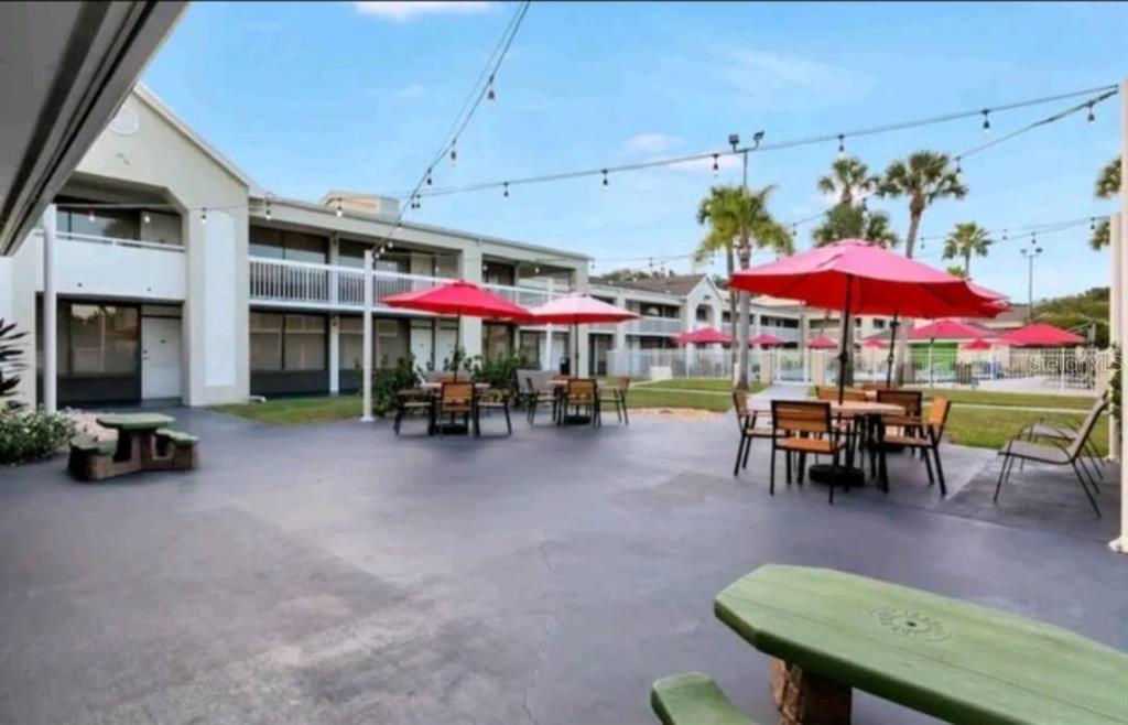 outdoor view of a cafe with sitting area