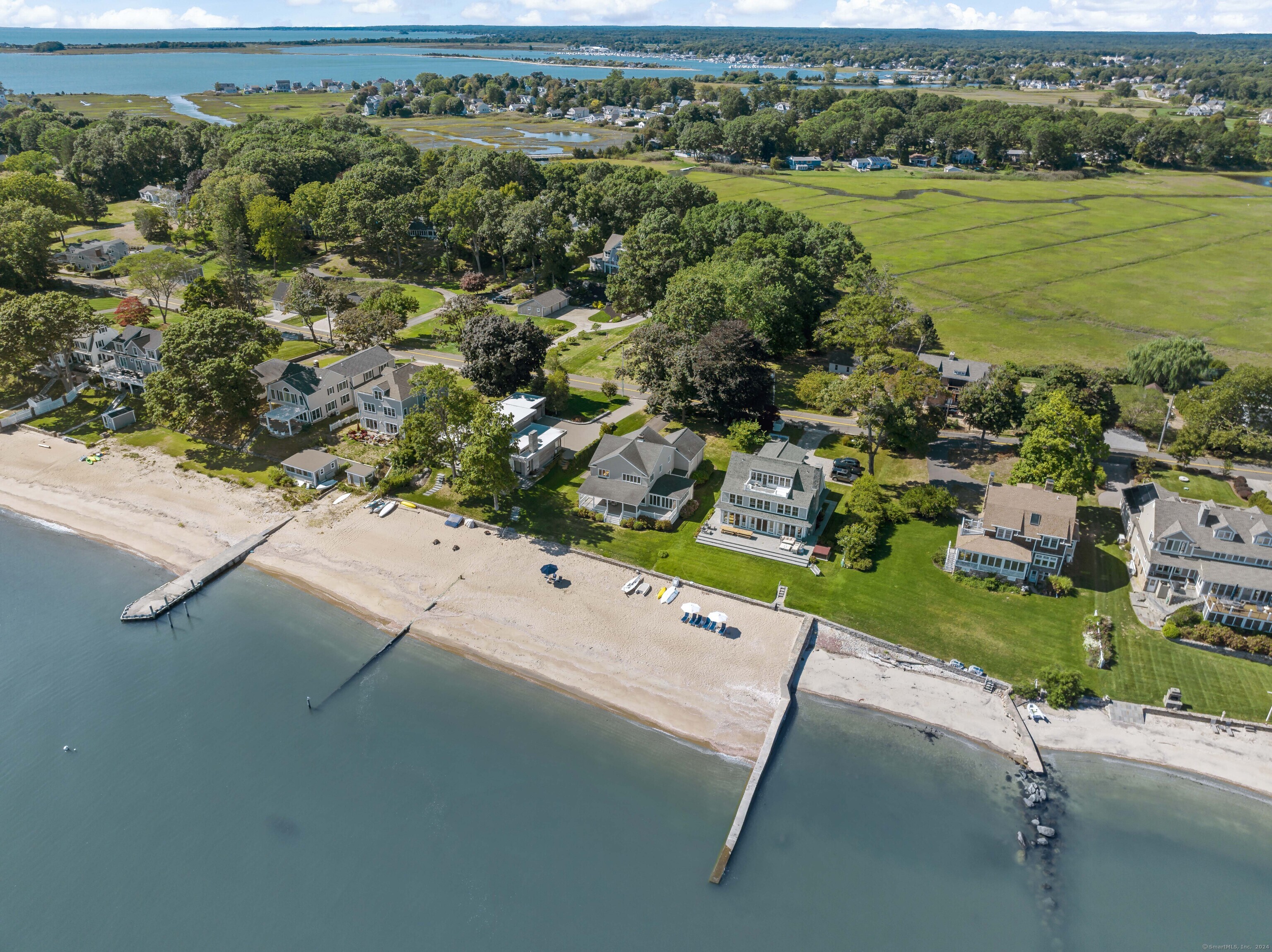 an aerial view of residential houses with outdoor space and river