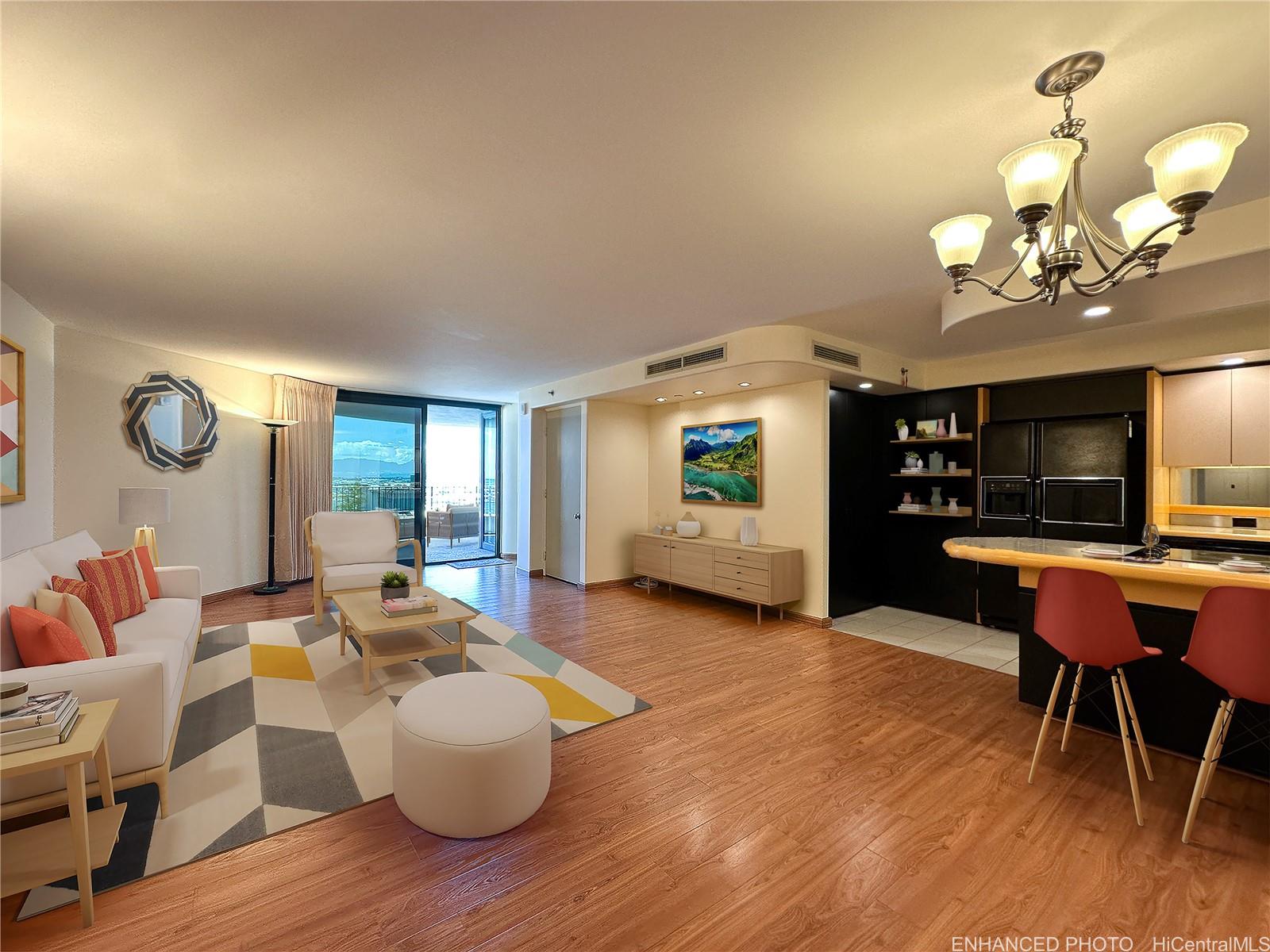 a living room with furniture a dining table and a fireplace