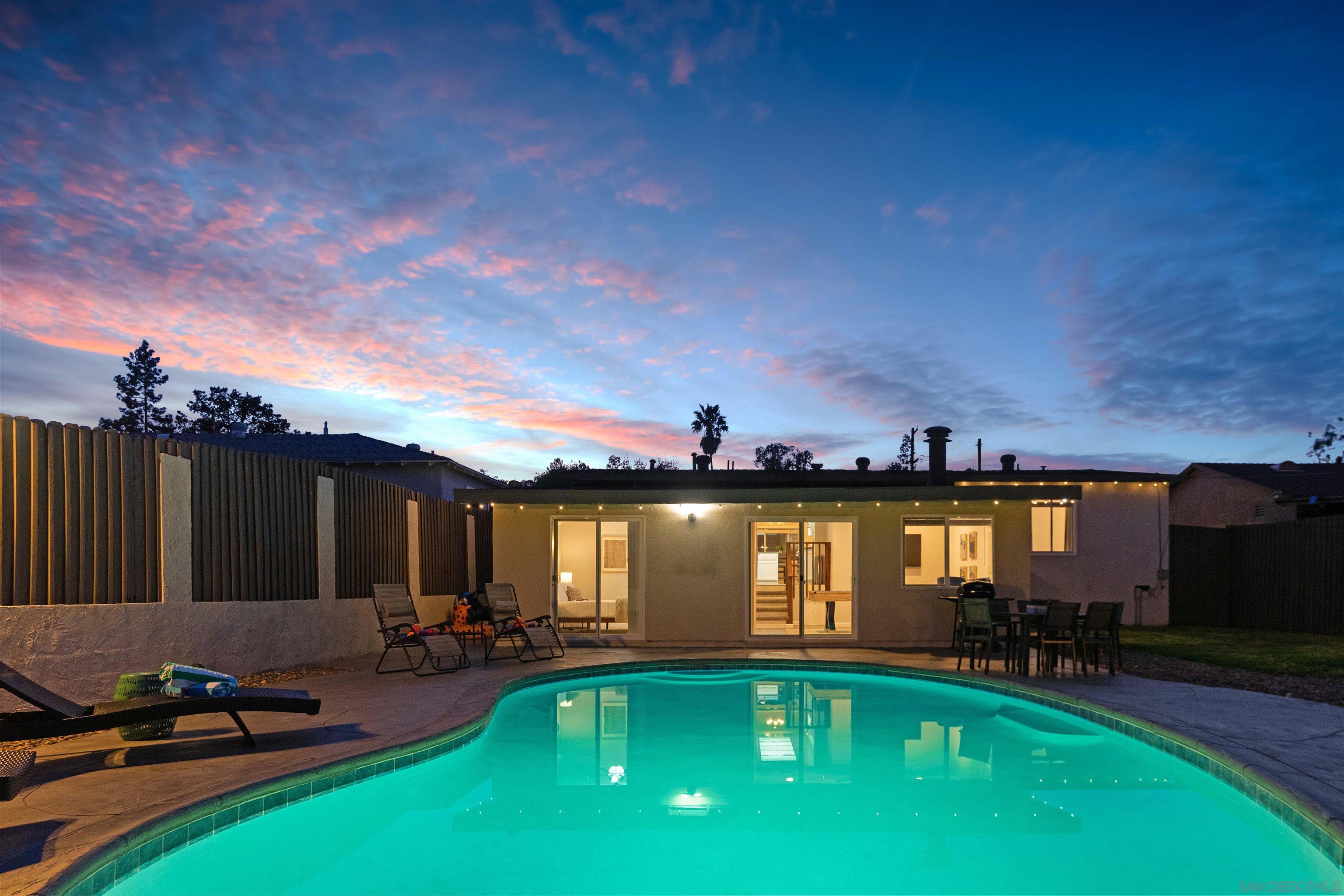 a view of a swimming pool with a yard