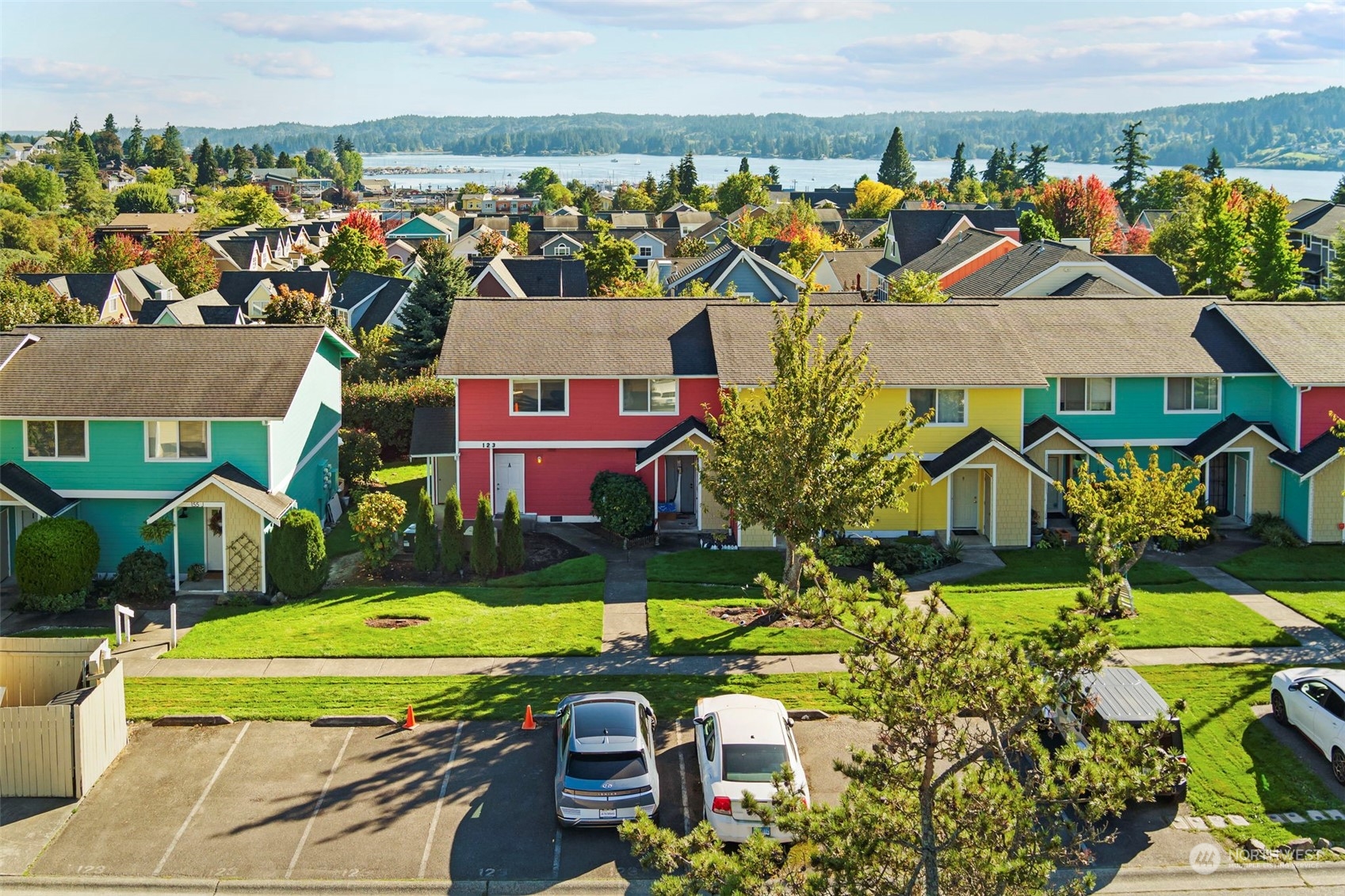 an aerial view of a house with a swimming pool lawn chairs and plants