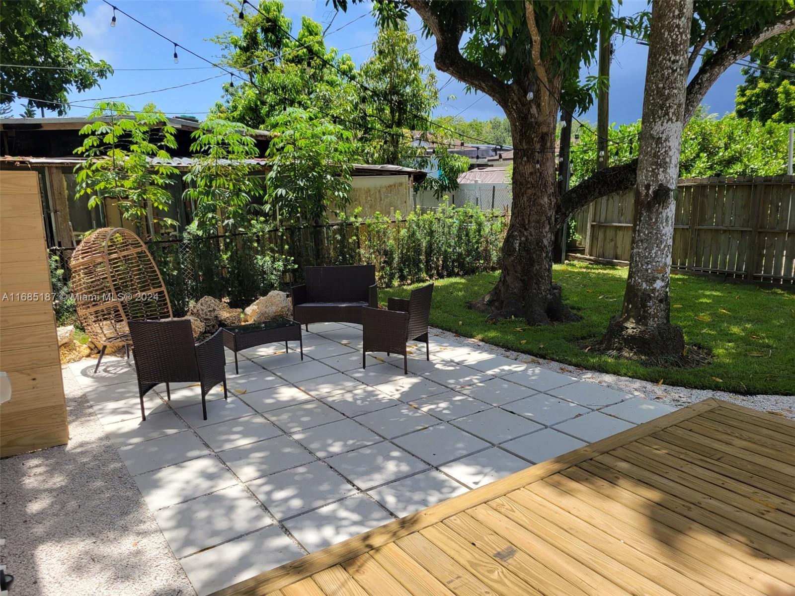 a view of a chairs and table in the garden