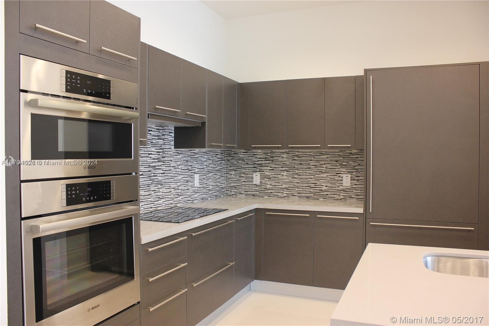 a kitchen with stainless steel appliances a stove and a microwave