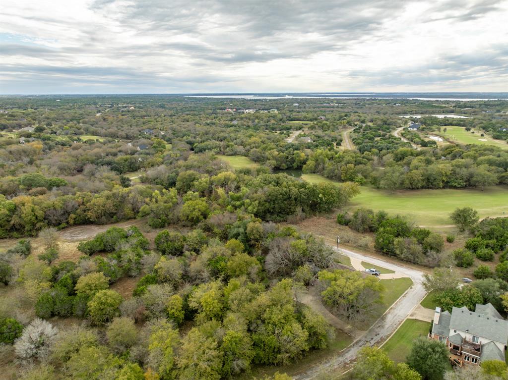 an aerial view of residential houses with outdoor space and trees