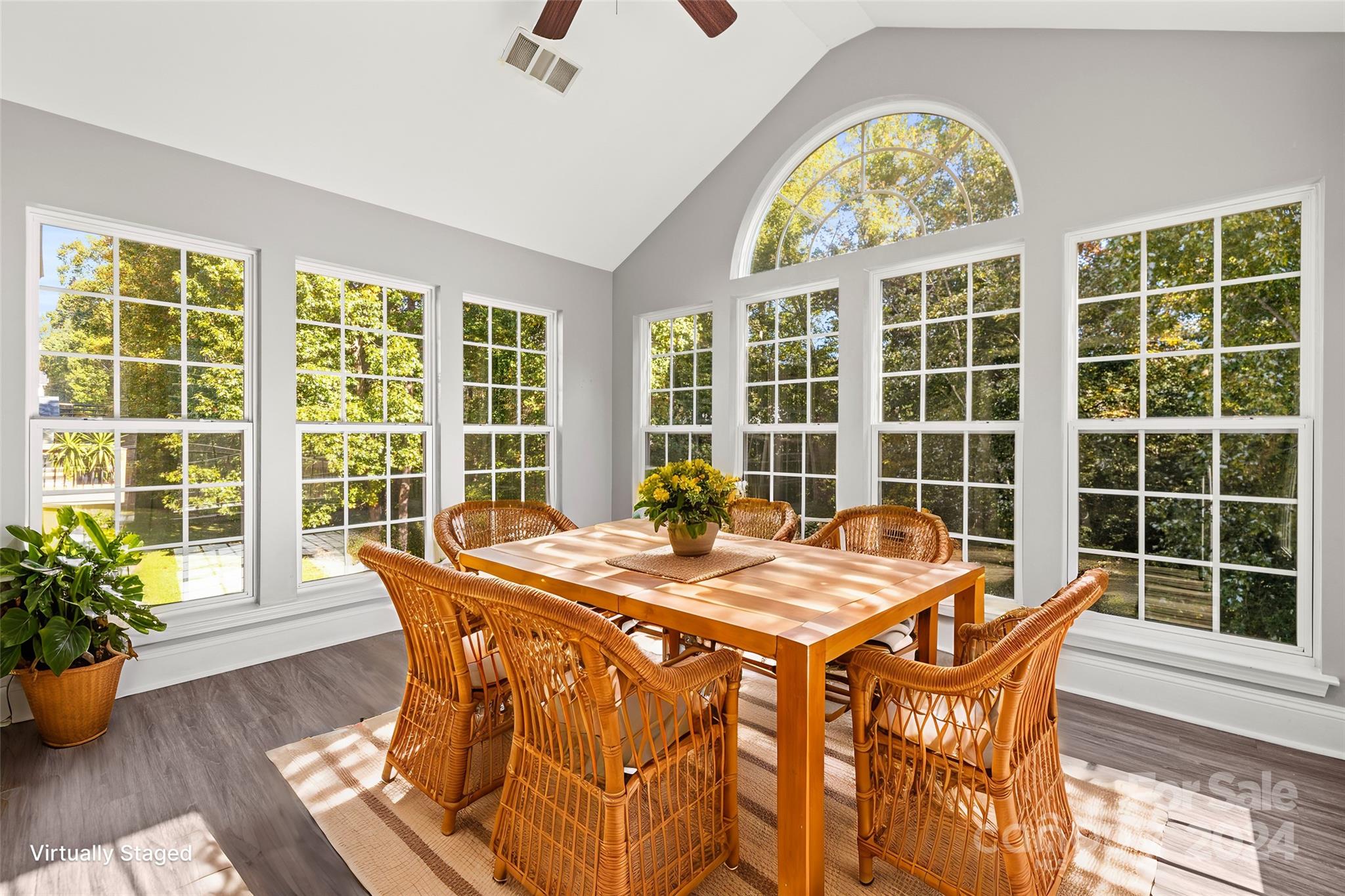 a dining room with furniture a potted plant and windows