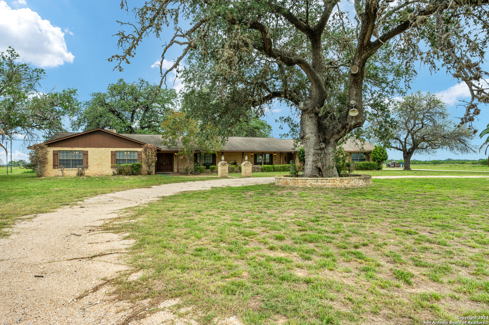 a front view of house with yard and green space