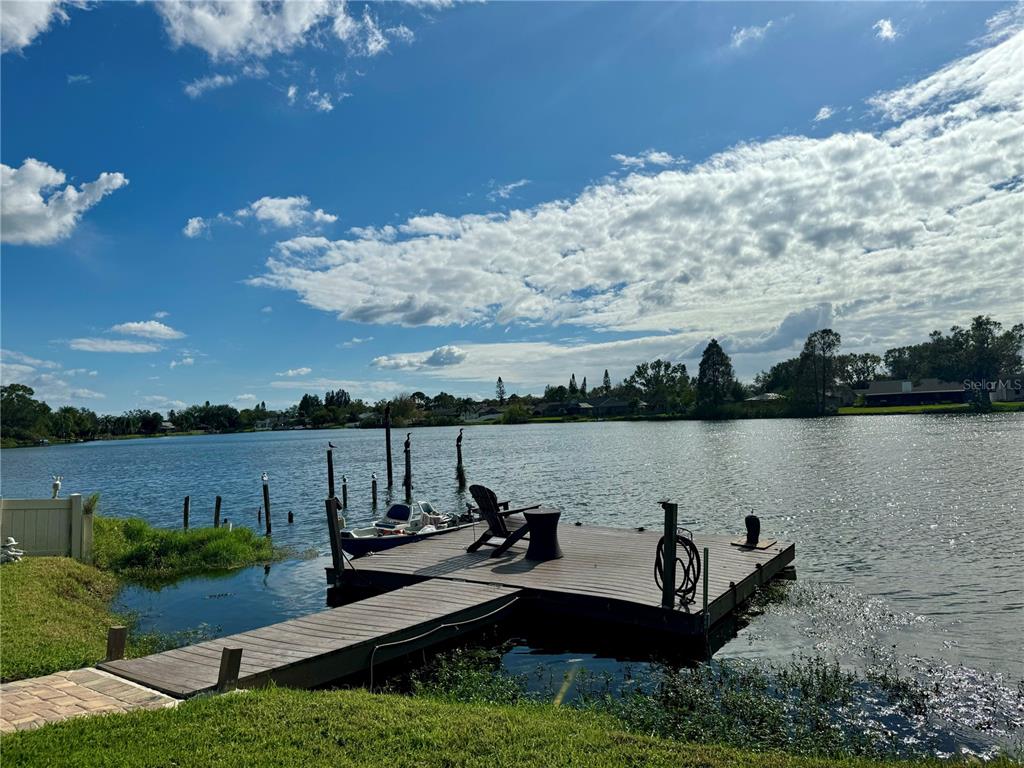 a view of a lake with houses in the back