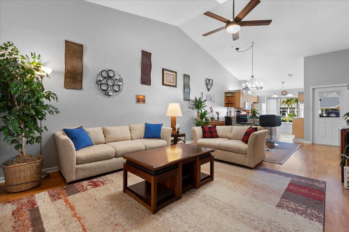 a living room with furniture kitchen view and a potted plant