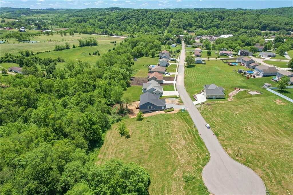 an aerial view of residential houses with outdoor space and trees