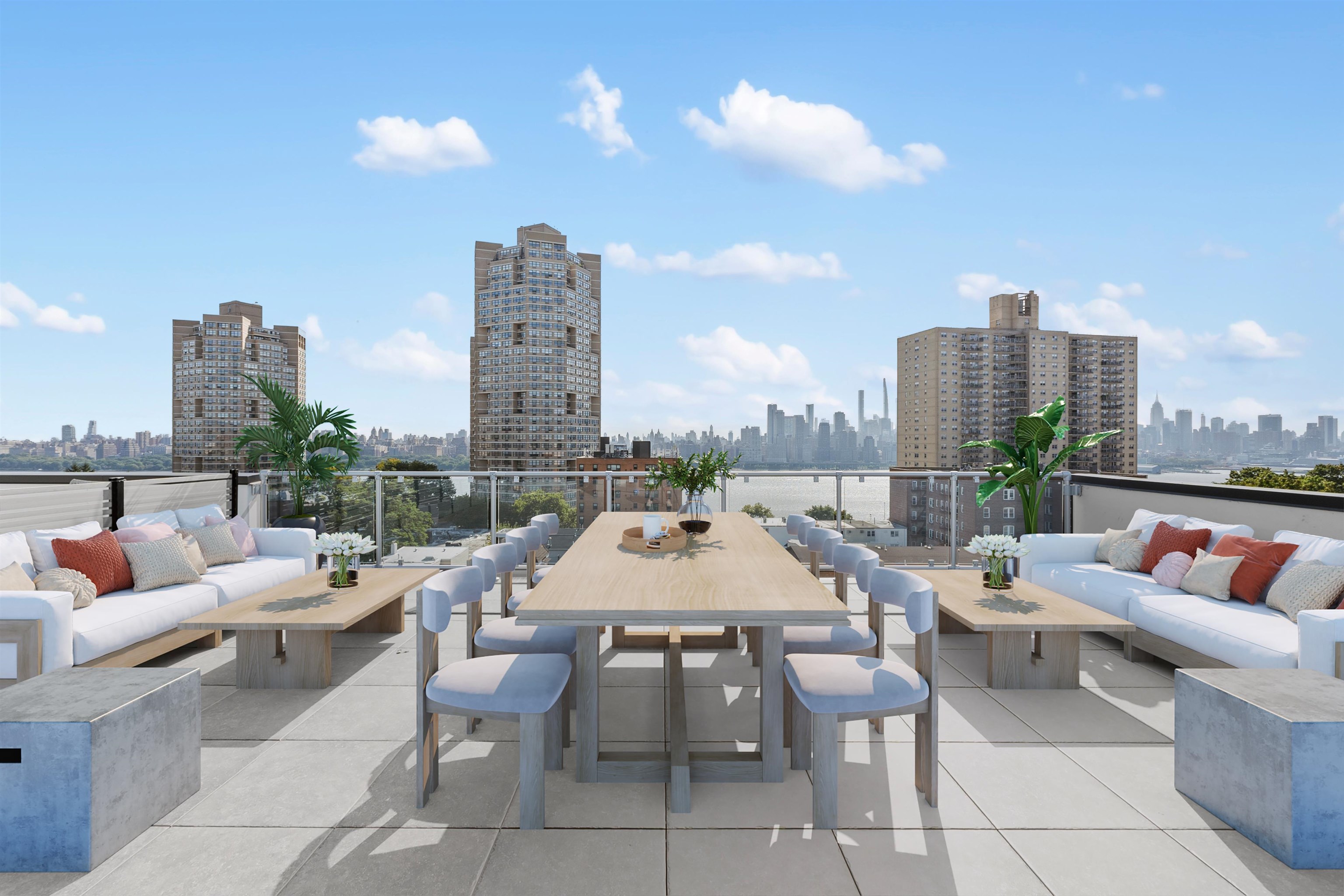 a terrace with outdoor seating city view and barbeque oven