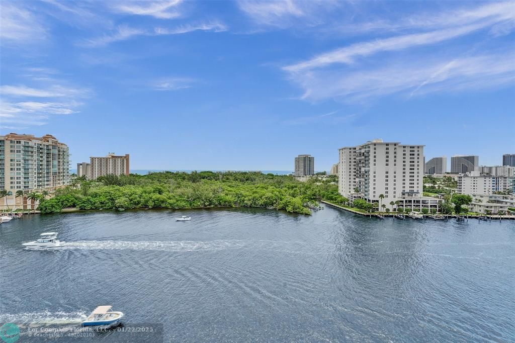 a view of a lake with tall buildings in the background