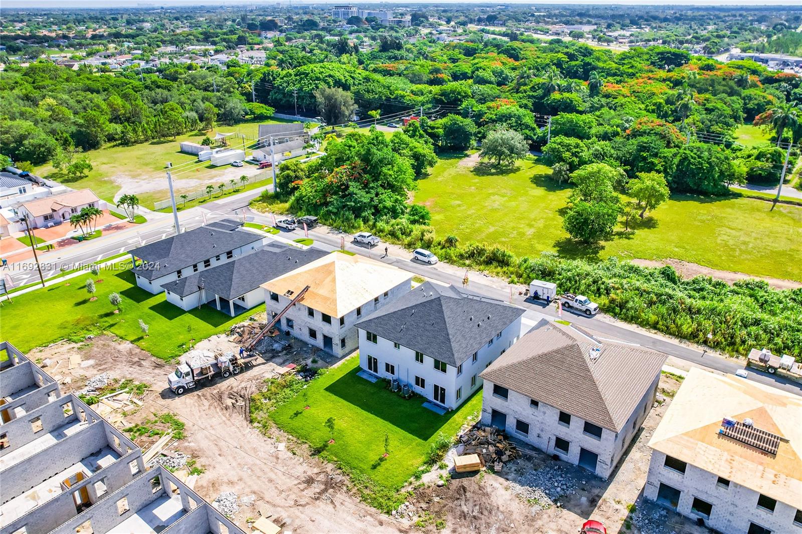 an aerial view of a house with a garden