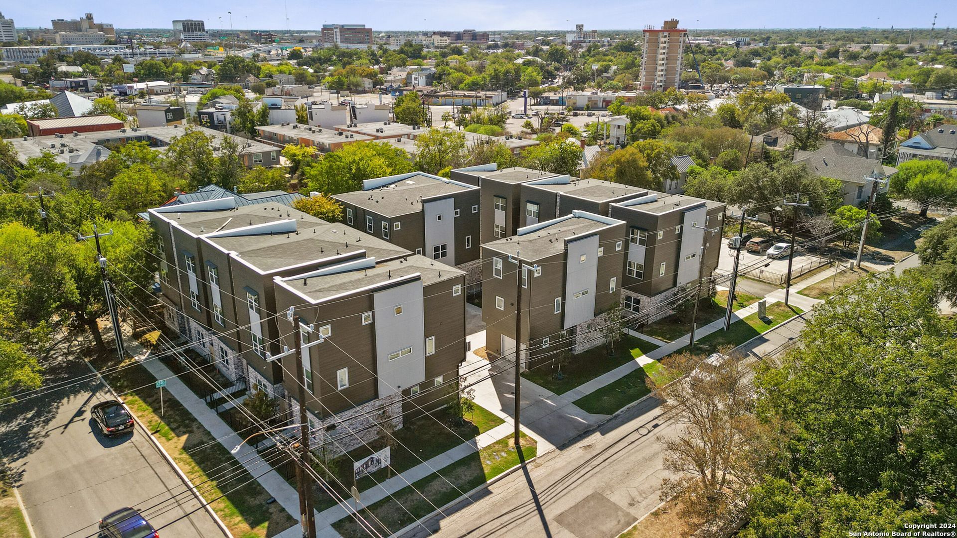 an aerial view of a house with a garden