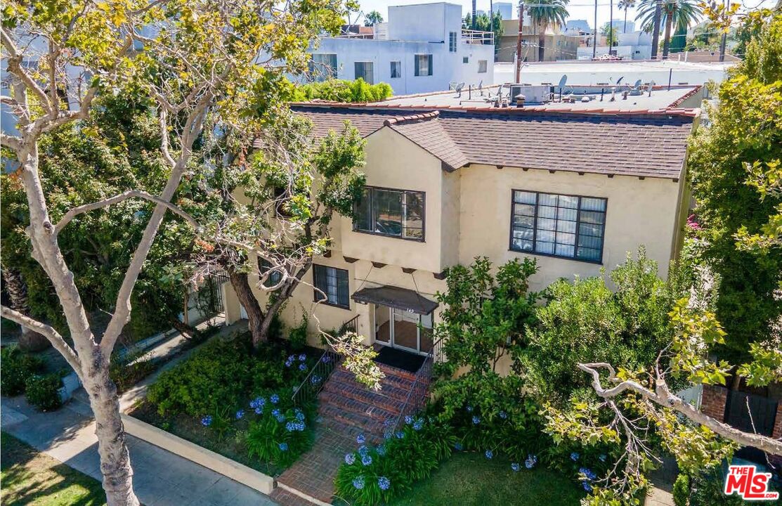 a aerial view of a house with a yard and potted plants