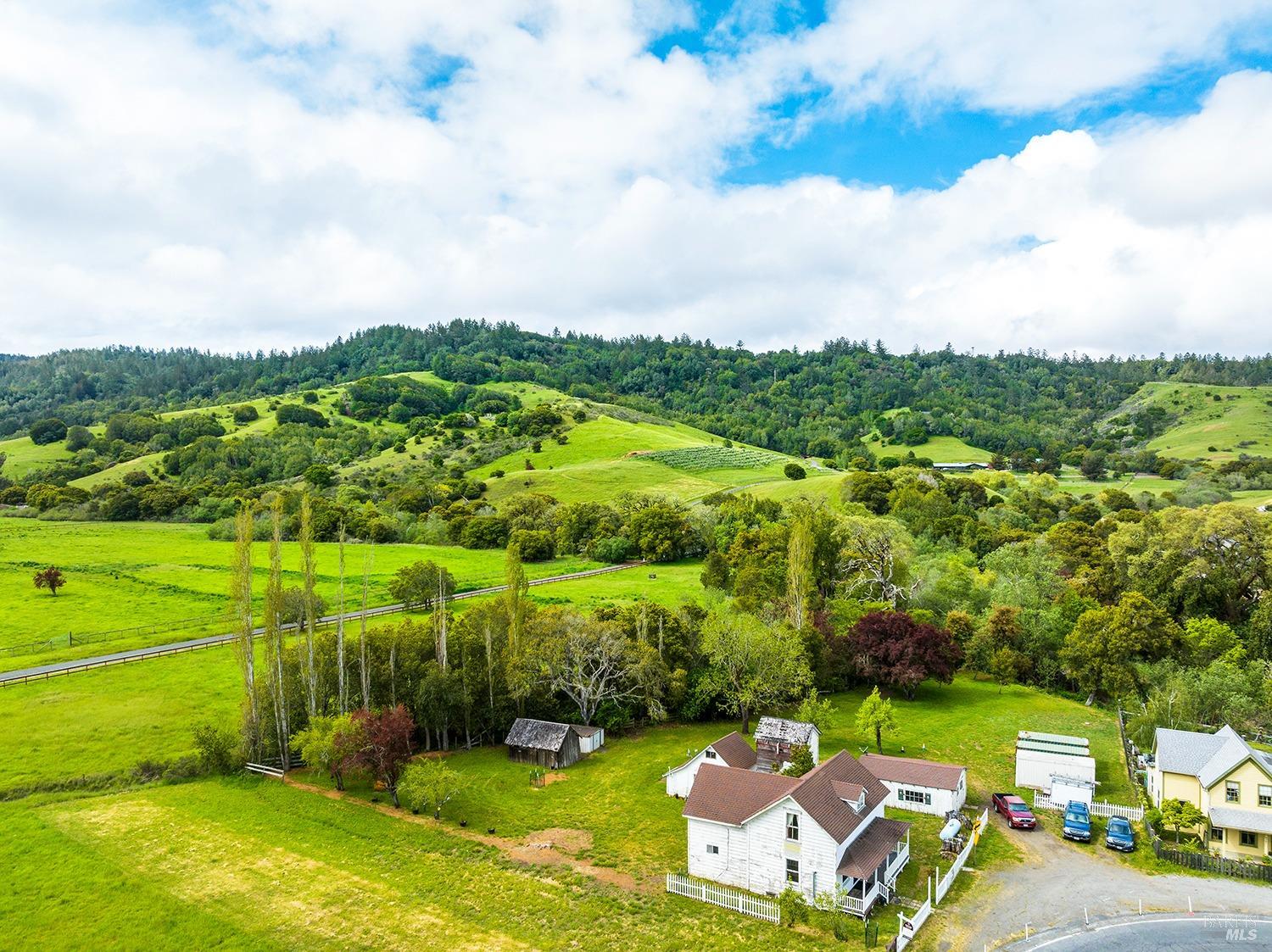 an aerial view of a houses with a garden