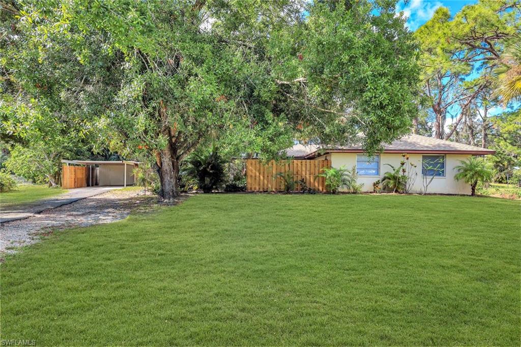 Street view of the house, large yard and driveway.