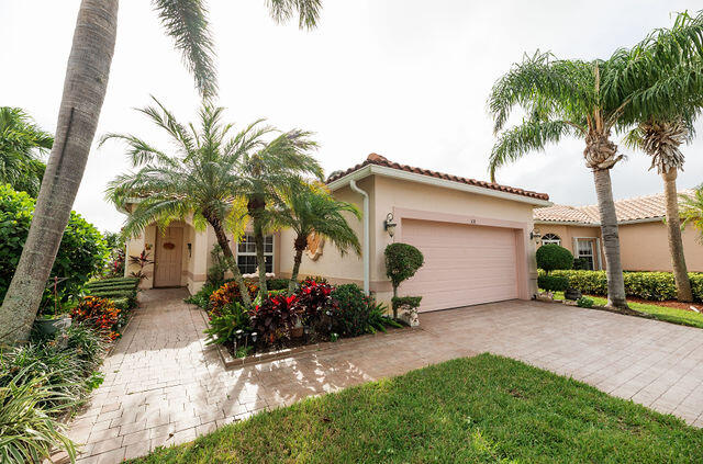 a group of palm trees in front of house