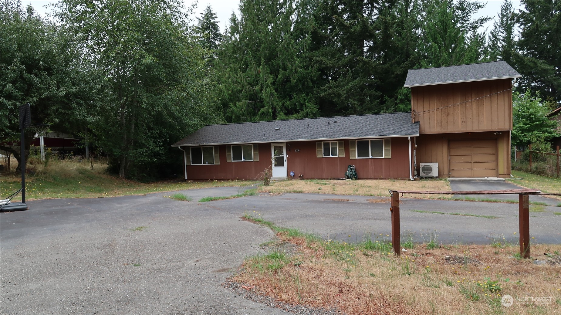 a view of a house with a yard plants and large tree