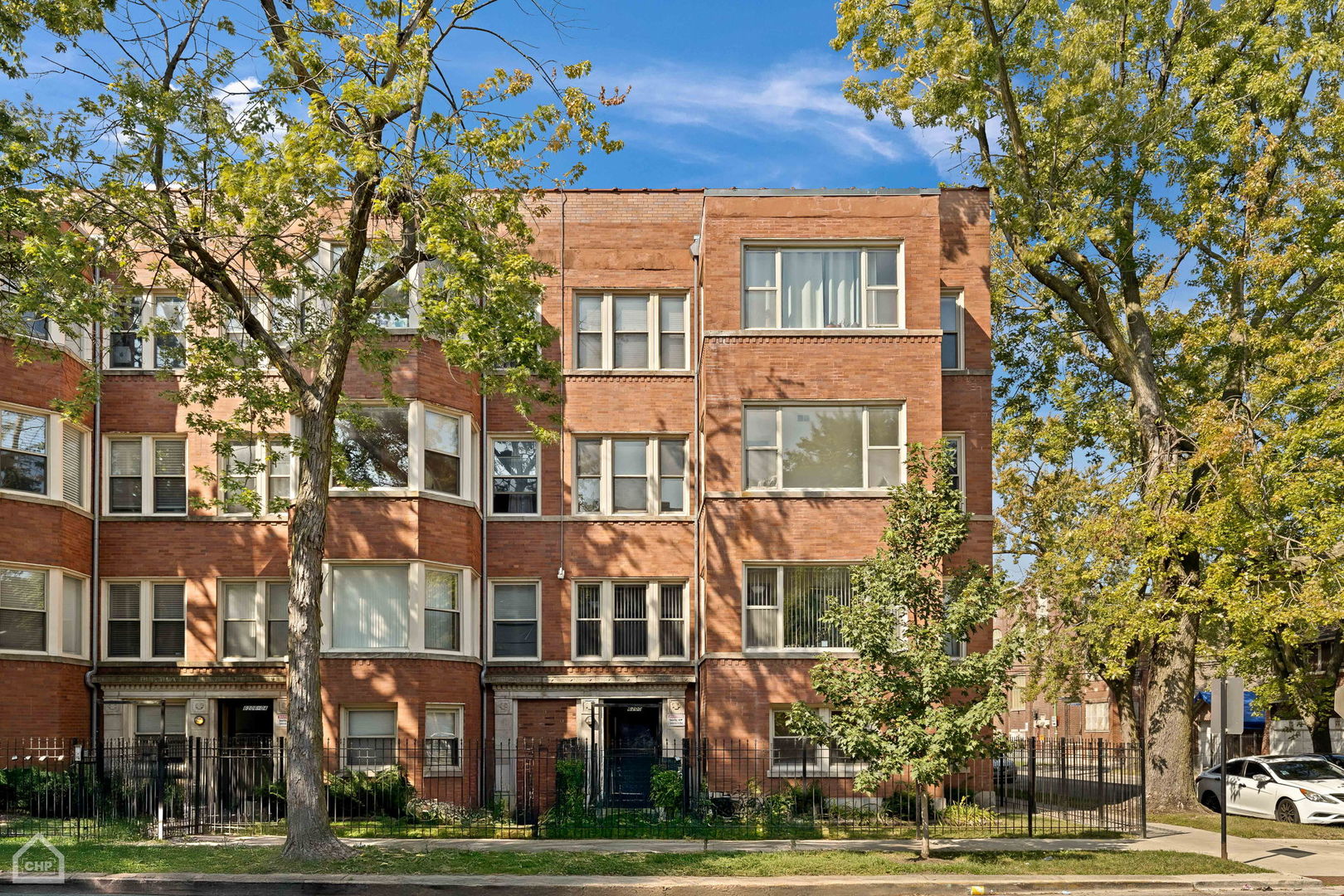 a front view of a multi story building