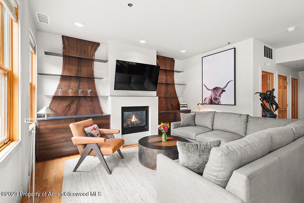 a living room with furniture a flat screen tv and a fireplace