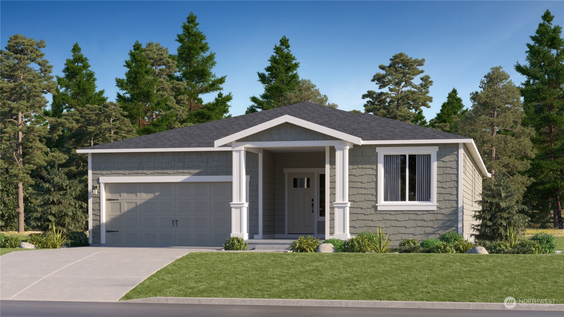 a front view of a house with a yard and trees