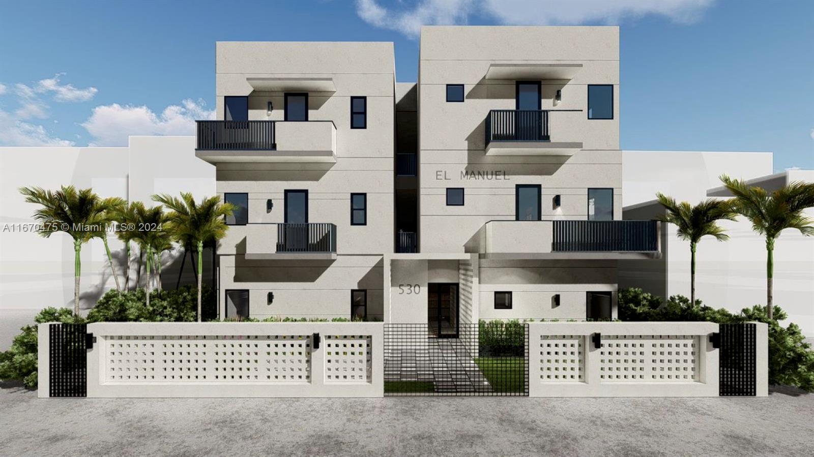 front view of multiple houses with palm trees