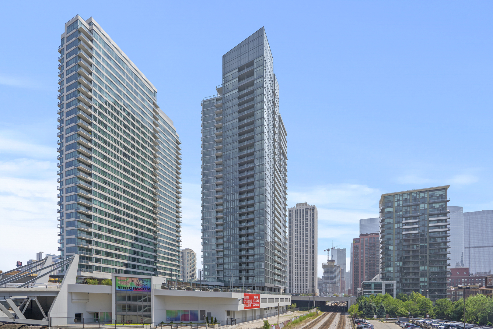 a city view with tall buildings