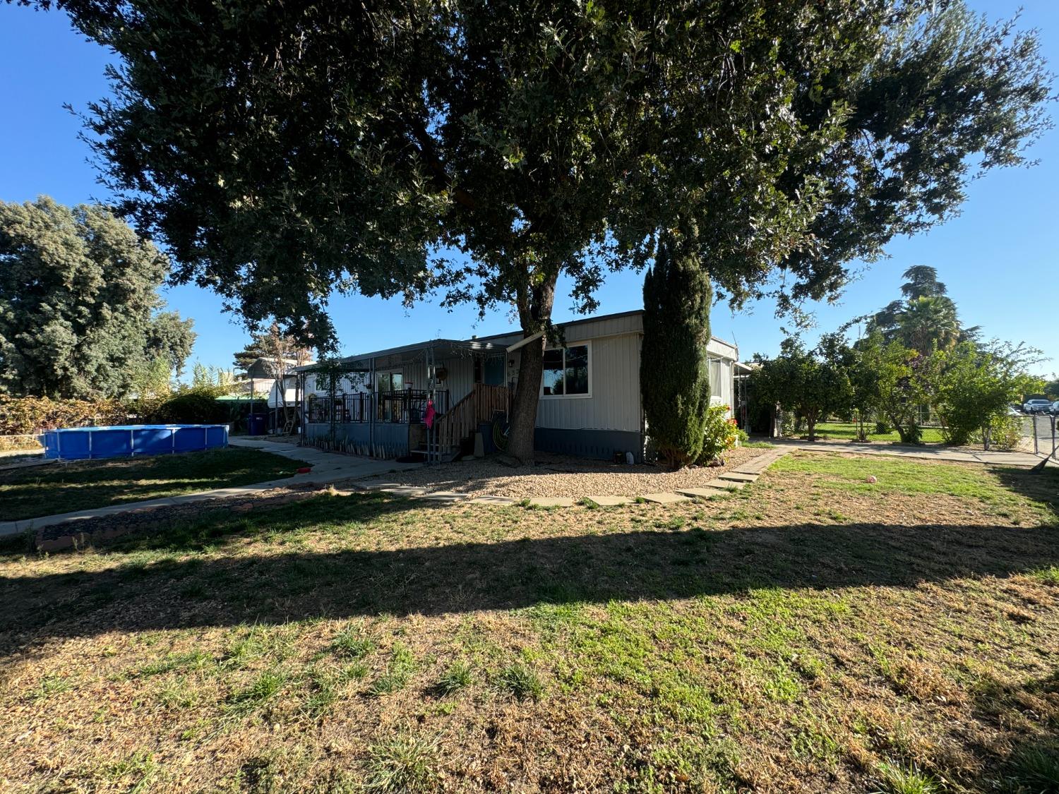 a view of a backyard with large trees