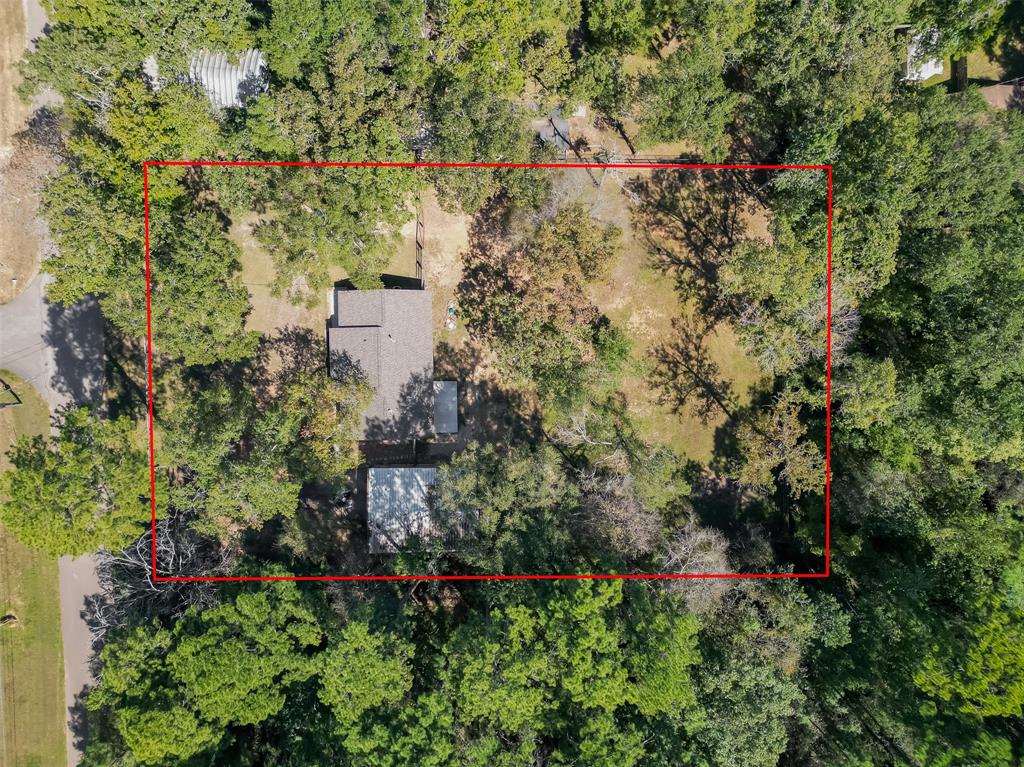 an aerial view of a house with a yard and large trees