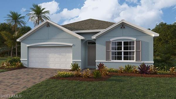 Ranch-style house featuring a front lawn and a garage