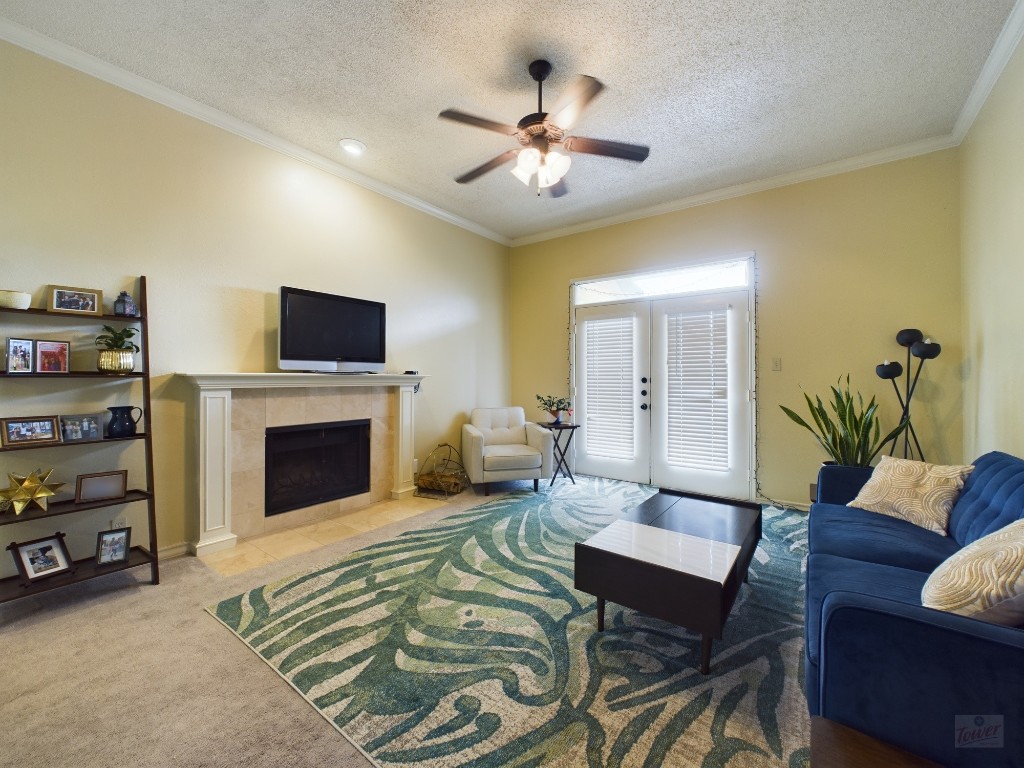 a living room with furniture and a fireplace