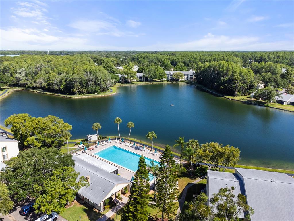 an aerial view of a house with a lake view