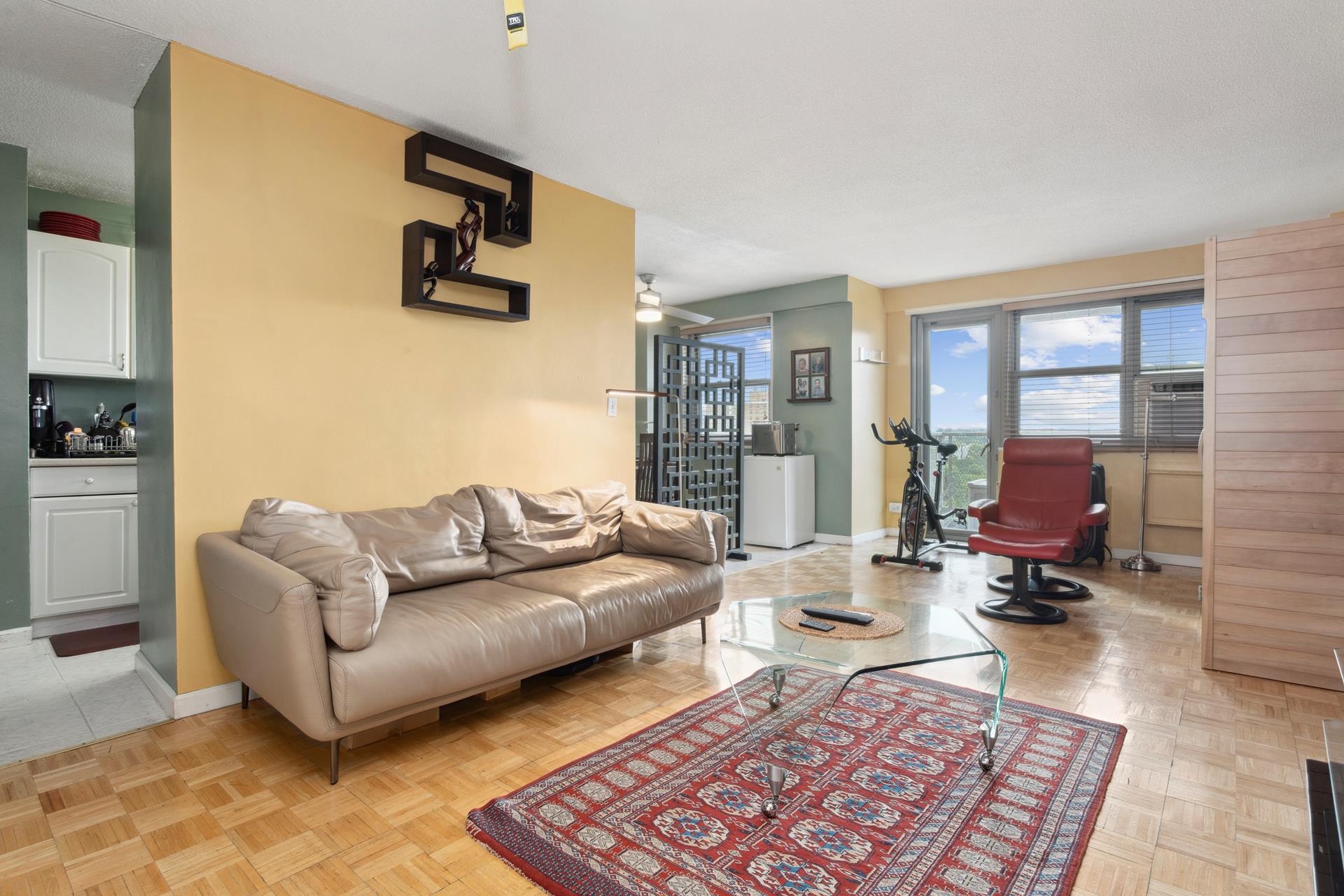 a living room with furniture and a rug