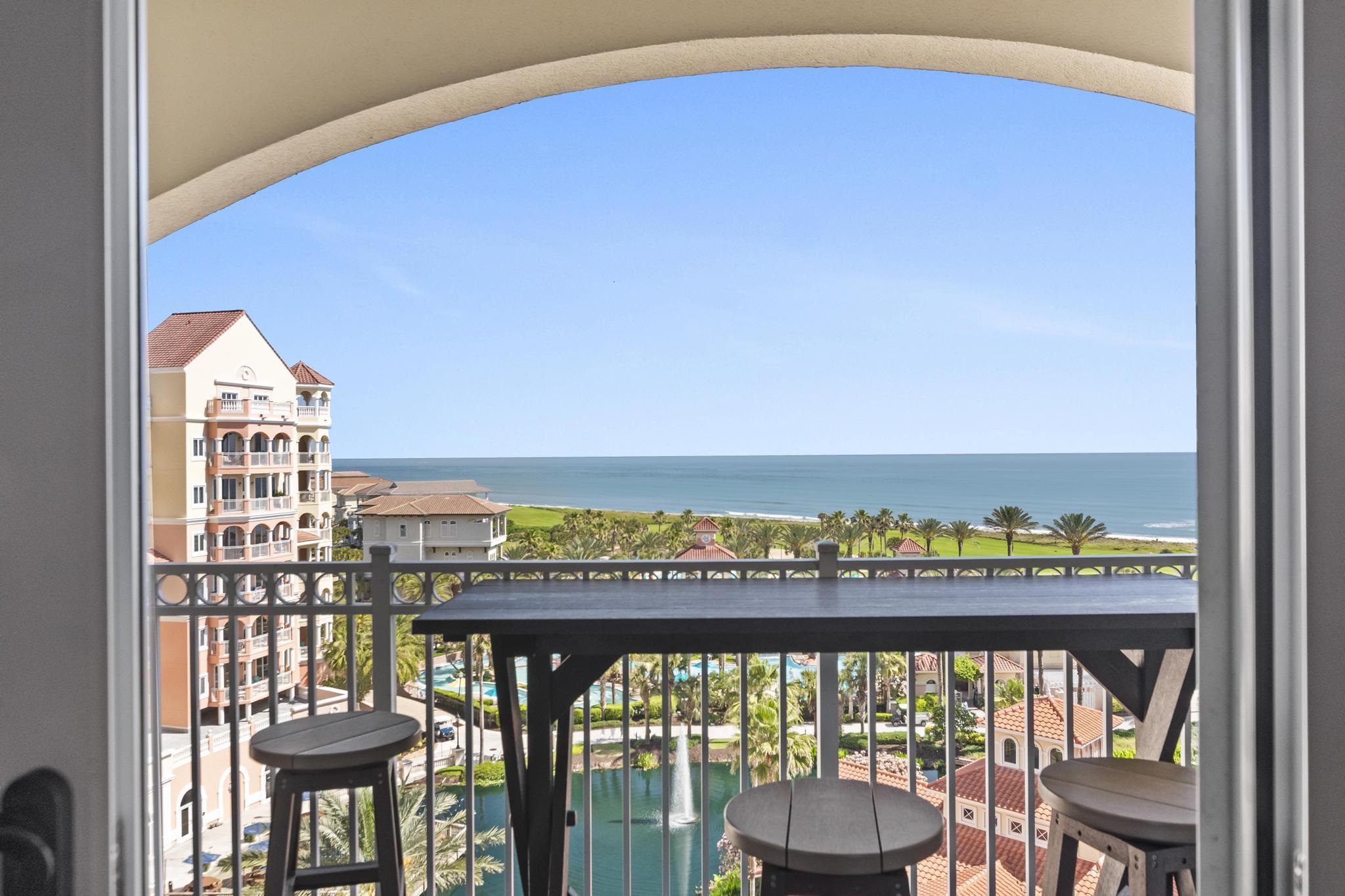 a view of a balcony with an outdoor space